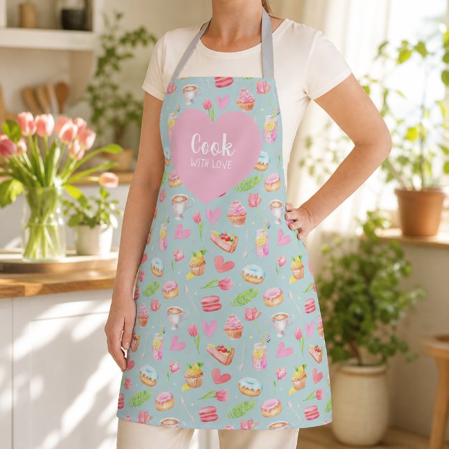 Cook with love. All-Over Print Apron (Add warmth, charm, and a joyful mood to every moment you cook.)
