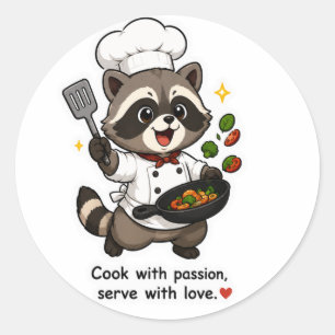 COOK WITH PASSION SERVE WITH LOVE CHEF RACCOON STI CLASSIC ROUND STICKER