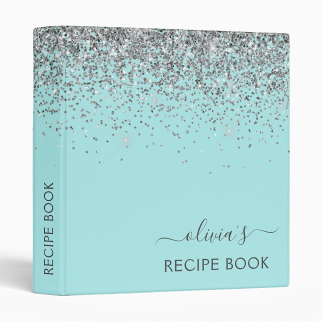 Cookbook Aqua Teal Blue Silver Glitter 3 Ring Binder (Front/Spine)