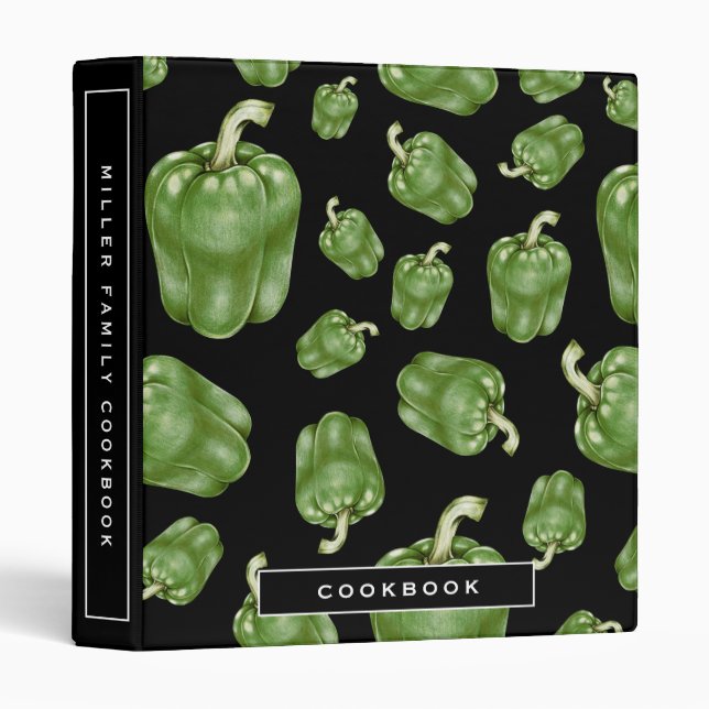 Cookbook | Black & Green Bell Pepper Pattern 3 Ring Binder (Front/Spine)