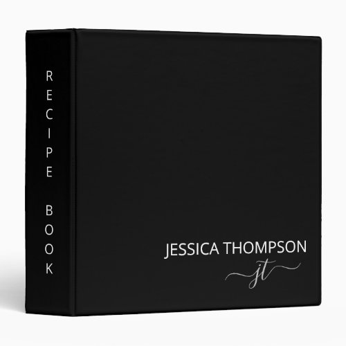 Cookbook Black Simple Script Modern Monogram Name 3 Ring Binder