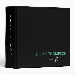Cookbook Black Teal Simple Modern Monogram Name 3 Ring Binder