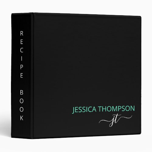 Cookbook Black Teal Simple Modern Monogram Name 3 Ring Binder