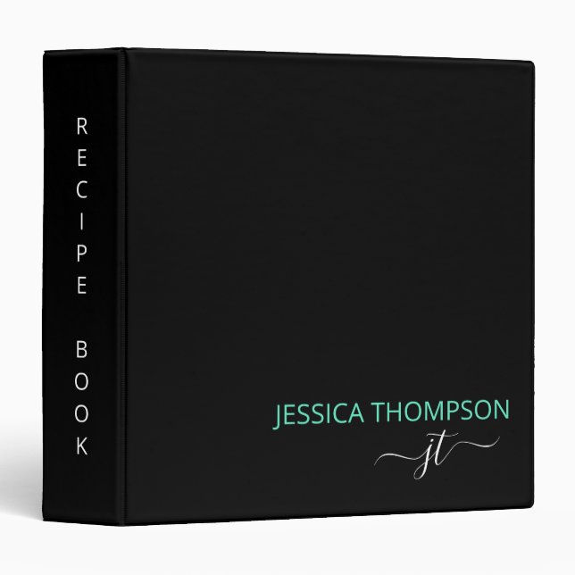 Cookbook Black Teal Simple Modern Monogram Name 3 Ring Binder (Front/Spine)