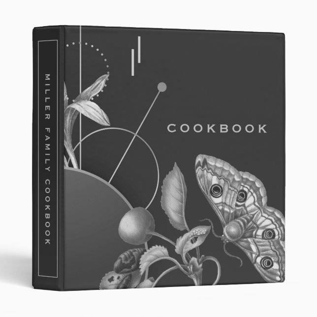 Cookbook | Black White & Gray Peacock Butterfly 3 Ring Binder (Front/Spine)