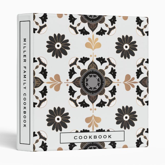 Cookbook | Black & White Kitchen Tile Design 3 Ring Binder (Front/Spine)