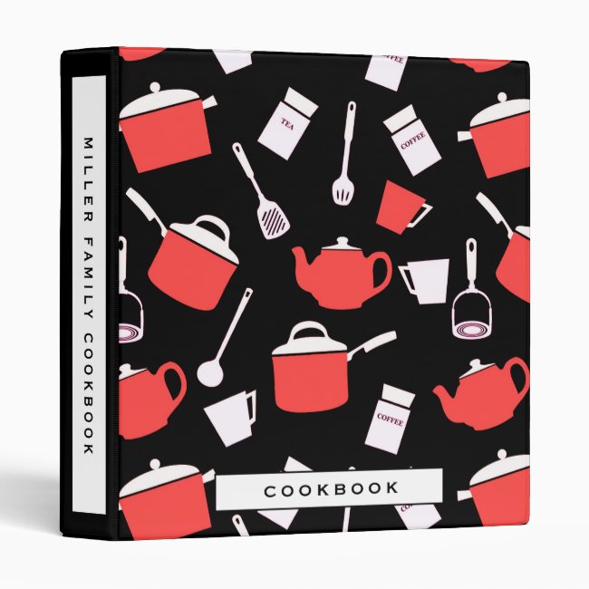 Cookbook | Black White & Red Kitchen Pattern 3 Ring Binder