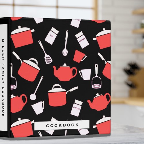 Cookbook  Black White  Red Kitchen Pattern 3 Ring Binder