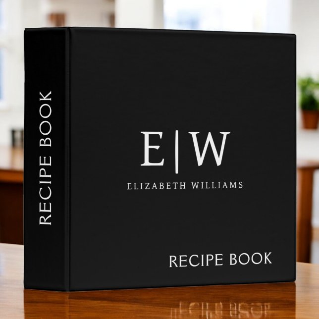 Cookbook Black White Script Monogram 3 Ring Binder (Creator Uploaded)
