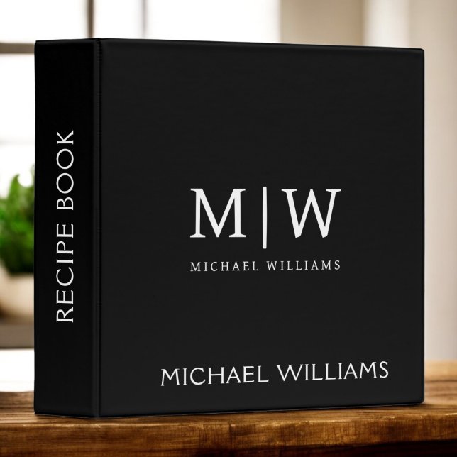Cookbook Black White Script Monogram 3 Ring Binder (Creator Uploaded)