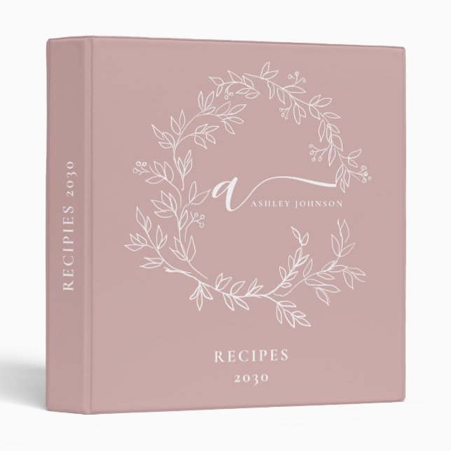 Cookbook Blush Dusty Pink Script Monogram 3 Ring Binder (Front/Spine)
