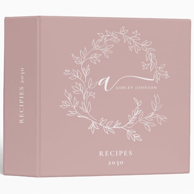 Cookbook Blush Dusty Pink Script Monogram 3 Ring Binder (Front/Spine)