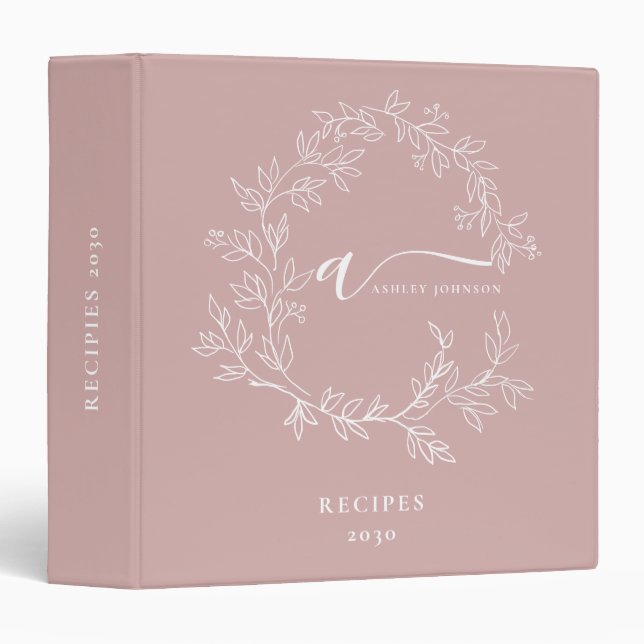 Cookbook Blush Dusty Pink Script Monogram 3 Ring Binder (Front/Spine)
