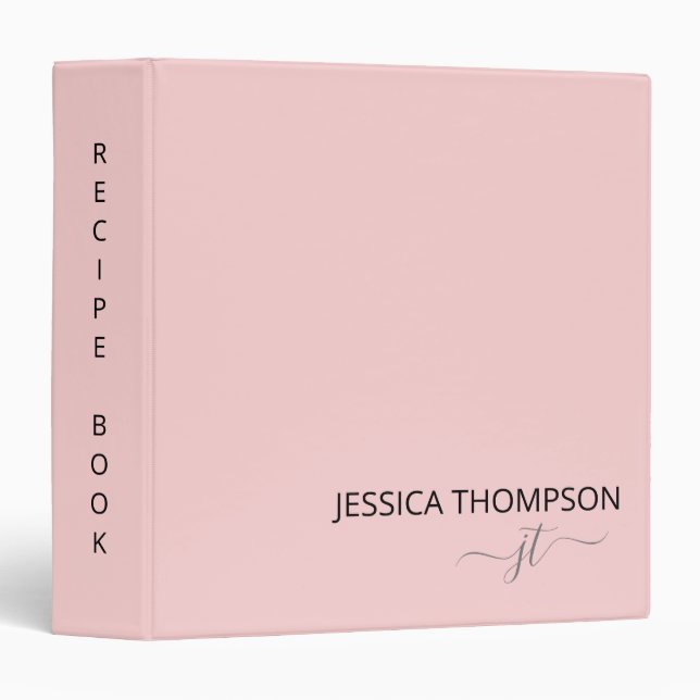 Cookbook Blush Pink Simple Script Modern Monogram  3 Ring Binder (Front/Spine)