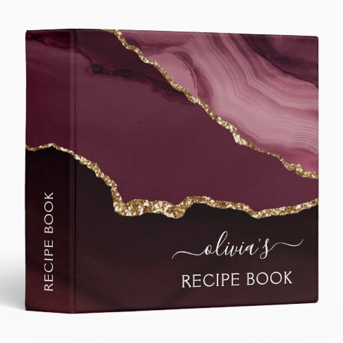 Cookbook Burgundy Agate Geode Gold Monogram 3 Ring Binder