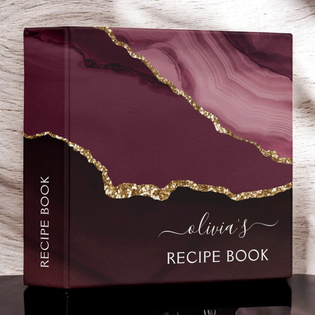 Cookbook Burgundy Agate Geode Gold Monogram 3 Ring Binder (Creator Uploaded)