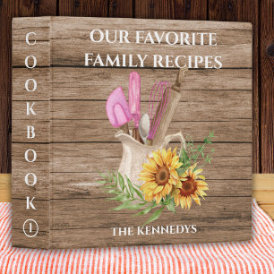 Cookbook Farmhouse Family Recipe Wood Sunflower 3 Ring Binder