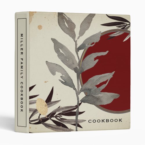 Cookbook  Modern Zen Watercolor Leaf  Burgundy 3 Ring Binder
