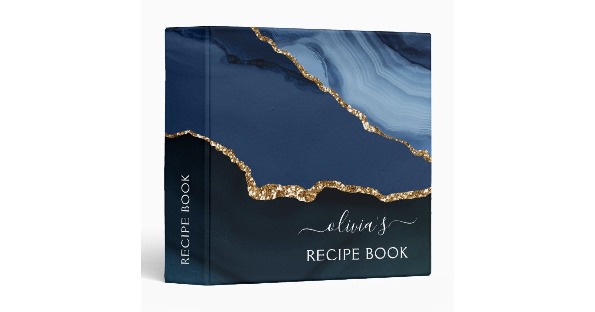 Cookbook Navy Blue Agate Geode Gold Monogram 3 Ring Binder | Zazzle