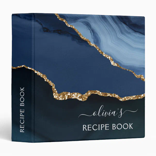 Cookbook Navy Blue Agate Geode Gold Monogram 3 Ring Binder | Zazzle