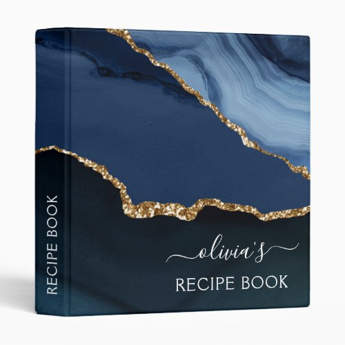 Cookbook Navy Blue Agate Geode Gold Monogram 3 Ring Binder