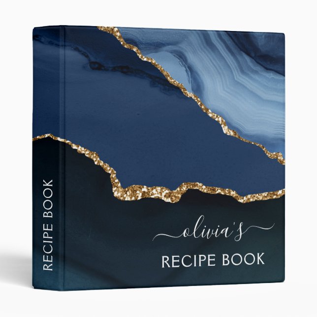 Cookbook Navy Blue Agate Geode Gold Monogram 3 Ring Binder (Front/Spine)