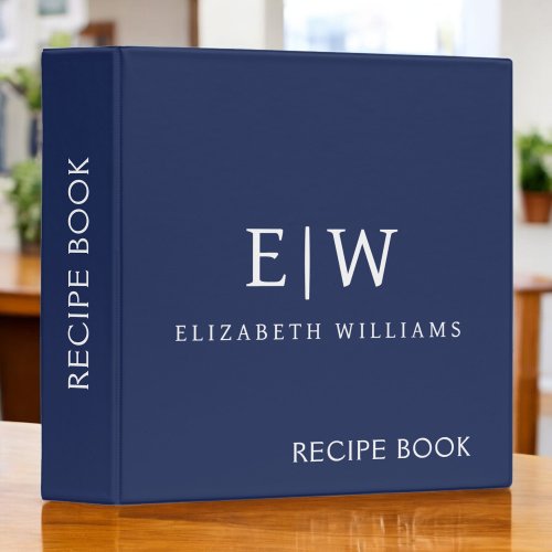 Cookbook Navy Blue White Script Monogram 3 Ring Binder