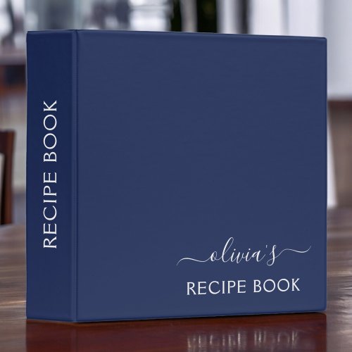 Cookbook Navy Blue White Script Monogram 3 Ring Binder