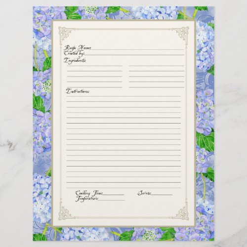 Cookbook Page Blue Hydrangea Lace Floral Formal