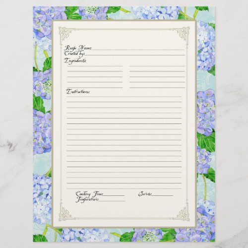 Cookbook Page Blue Hydrangea Lace Floral Formal