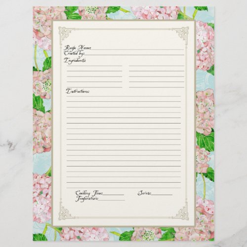 Cookbook Page Pink Hydrangea Lace Floral Formal