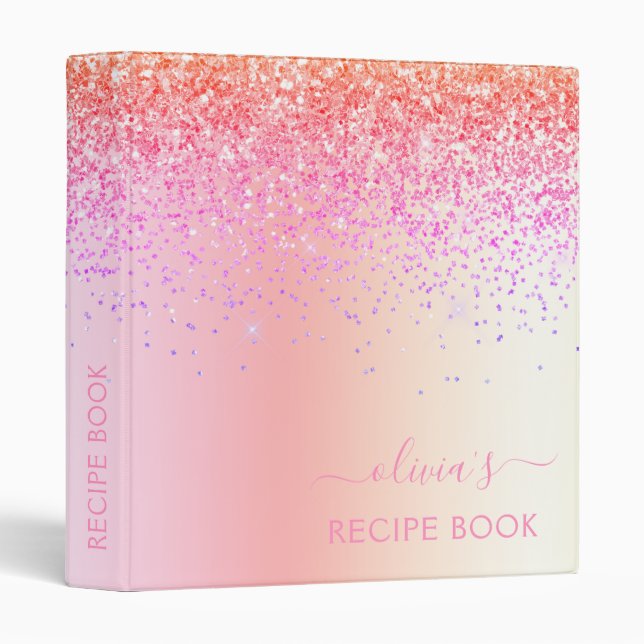 Cookbook Rainbow Pastel Glitter Recipe Book 3 Ring Binder (Front/Spine)