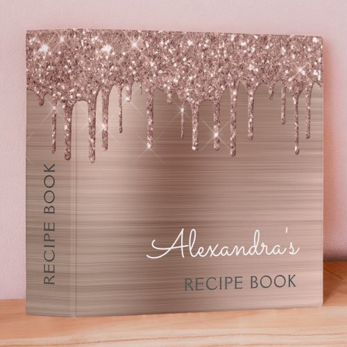 Cookbook Recipe Book Rose Gold Glitter Monogram 3 Ring Binder