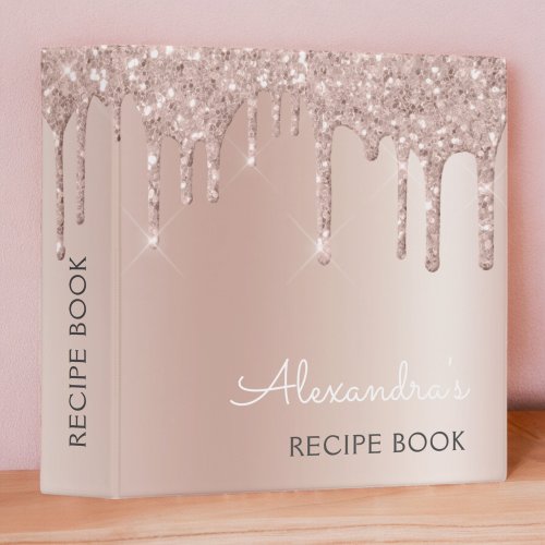Cookbook Recipe Book Rose Gold Glitter Monogram 3 Ring Binder
