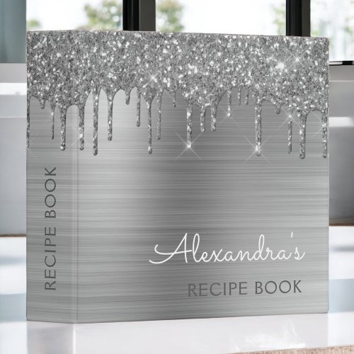 Cookbook Recipe Book Silver Glitter Monogram 3 Ring Binder