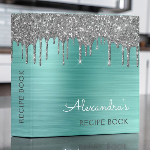 Cookbook Recipe Book Silver Teal Glitter Monogram 3 Ring Binder