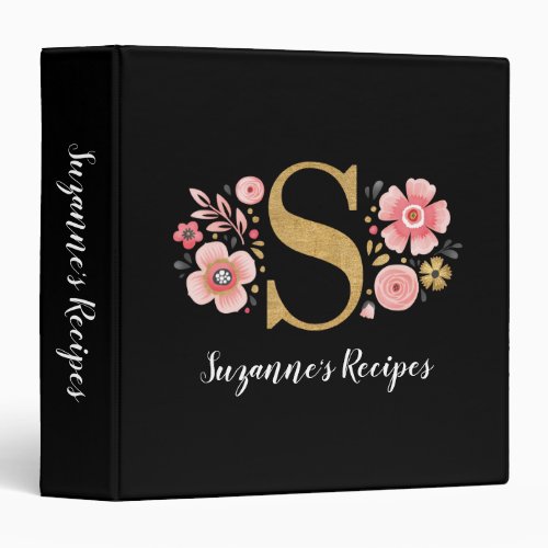 Cookbook Recipe Elegant Floral Monogram Black Gold 3 Ring Binder