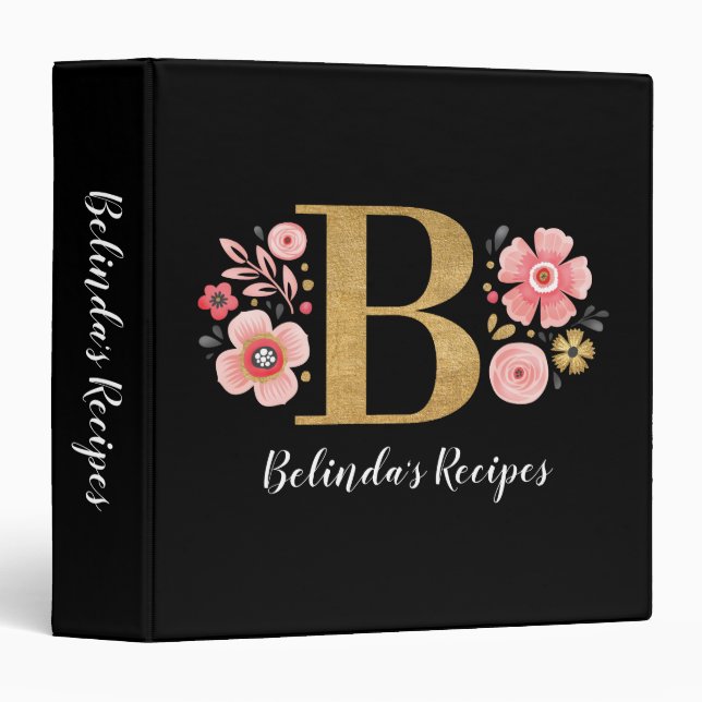 Cookbook Recipe Elegant Floral Monogram Black Gold 3 Ring Binder (Front/Spine)