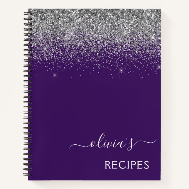 Cookbook Recipe Silver Purple Glitter Monogram Notebook (Front)