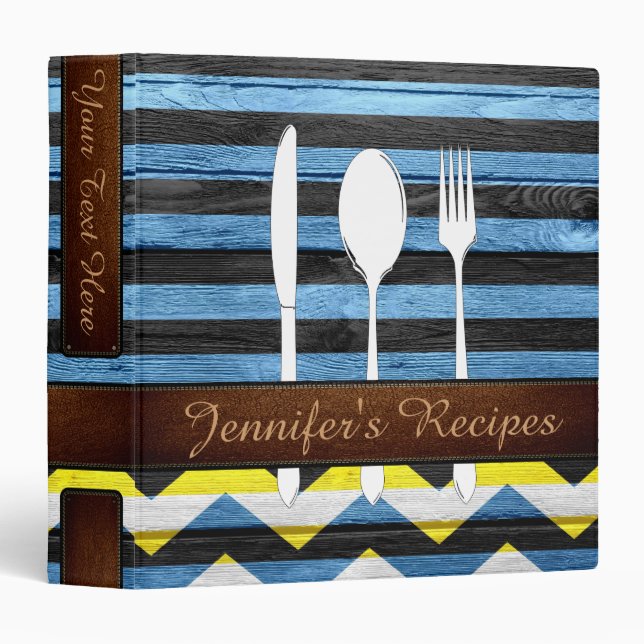 Cookbook Retro Chevron Stripe Wood Look 3 Ring Binder (Front/Spine)