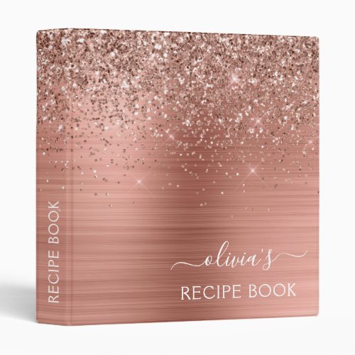 Cookbook Rose Gold _ Blush Pink Glitter Monogram 3 3 Ring Binder