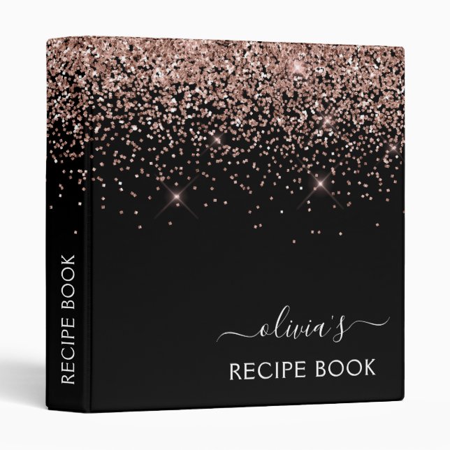 Cookbook Rose Gold Blush Pink Glitter Monogram 3 Ring Binder (Front/Spine)