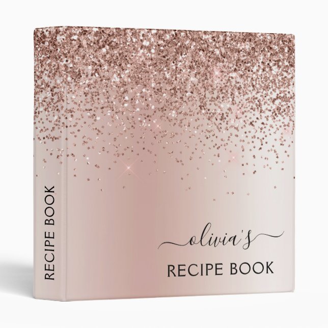 Cookbook Rose Gold - Blush Pink Glitter Monogram 3 Ring Binder (Front/Spine)