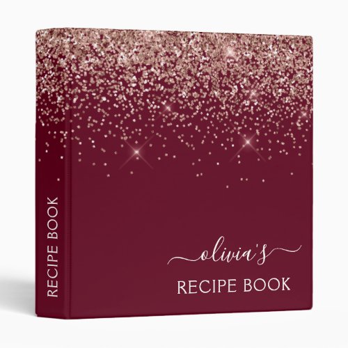 Cookbook Rose Gold Blush Pink Glitter Monogram 3 Ring Binder