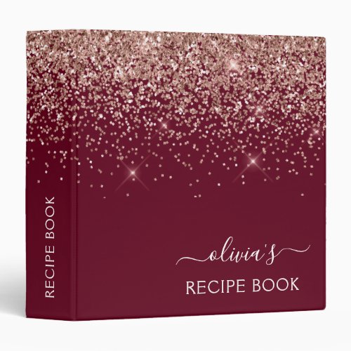 Cookbook Rose Gold Pink Burgundy Glitter Monogram 3 Ring Binder