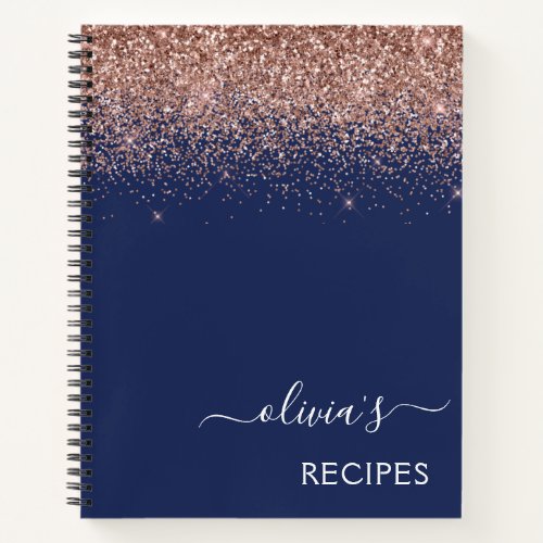 Cookbook Rose Gold Pink Navy Blue Glitter Monogram Notebook