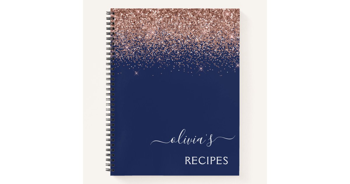 Cookbook Rose Gold Pink Navy Blue Glitter Monogram Notebook | Zazzle