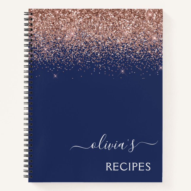 Cookbook Rose Gold Pink Navy Blue Glitter Monogram Notebook (Front)