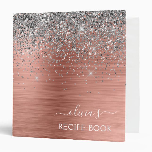 Cookbook Rose Gold Silver Glitter Monogram 3 Ring Binder (Front/Inside)