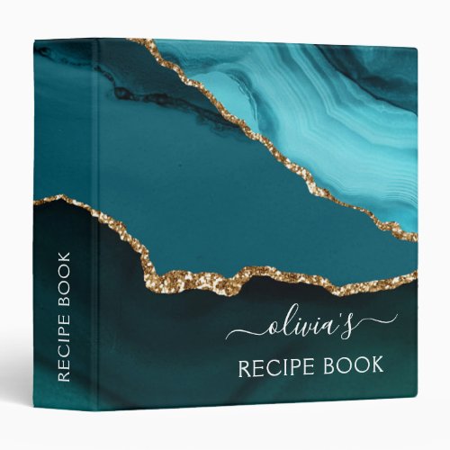 Cookbook Teal Aqua Blue Agate Geode Gold Monogram 3 Ring Binder